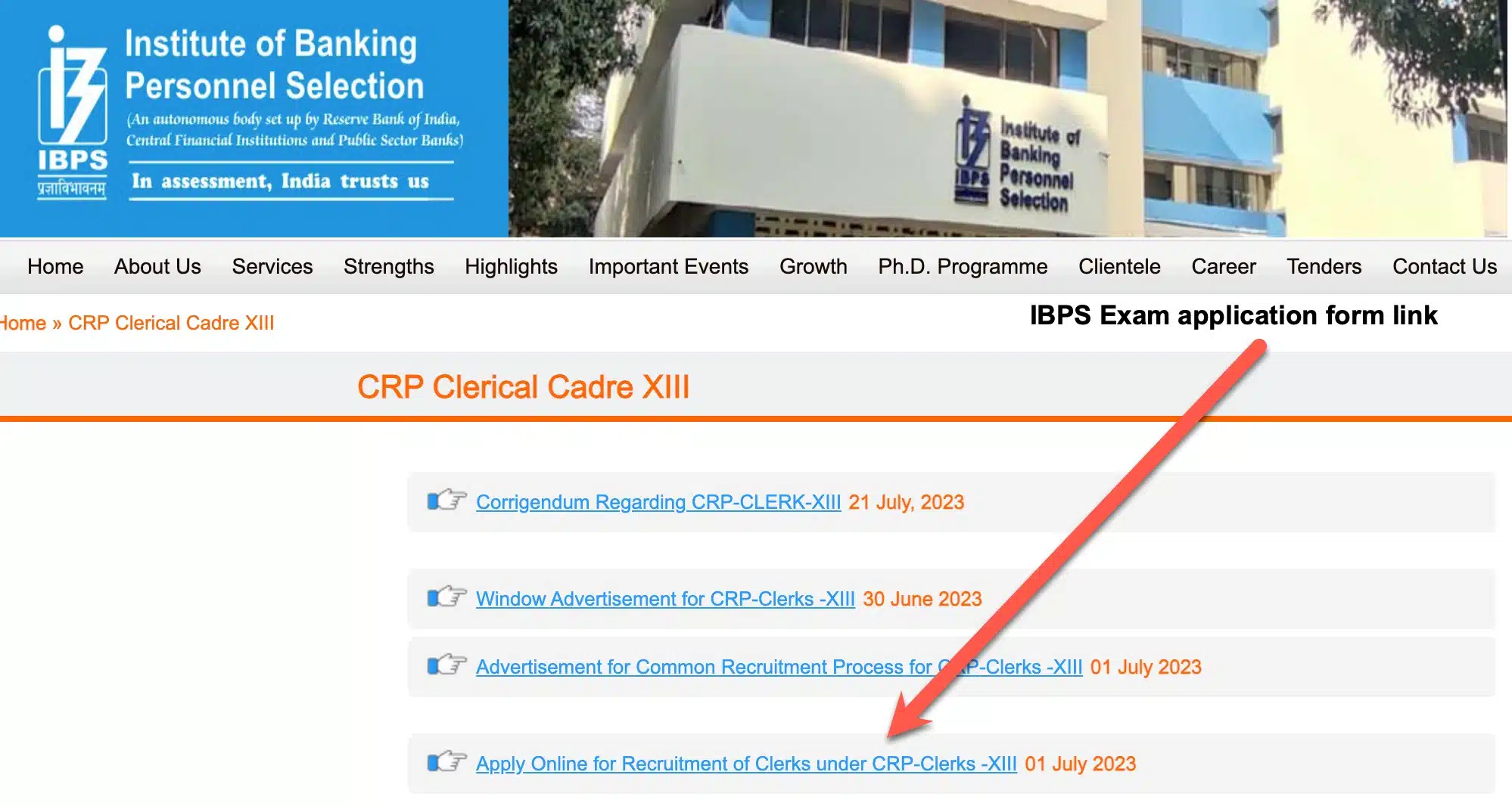 IBPS Exam application form - CRP Clerk XIII